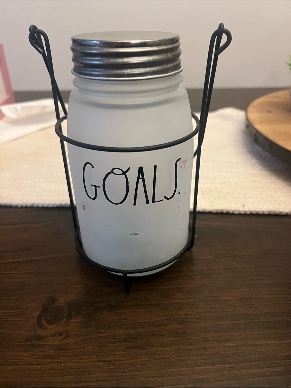 Rae Dunn GOALS Frosted Glass Jar with Metal Cage